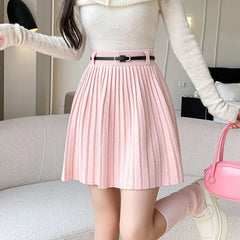 Pleated High Waist Belted Mini Skirt