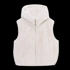 White Faux Fur Hooded Zip Vest
