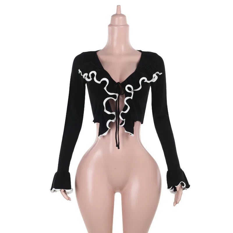 Black Long Sleeve Tie Up Ruffles Top