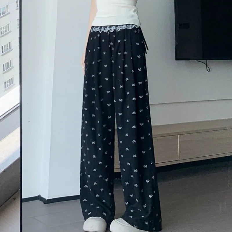 Bow Printed Wide Leg Pants