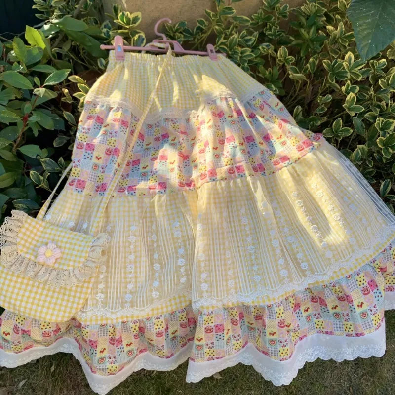Yellow Floral Print Patchwork Lace Maxi Skirt - Sweet A-Line