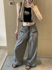 Black Plaid Drawstring Wide Leg Palazzo Pants