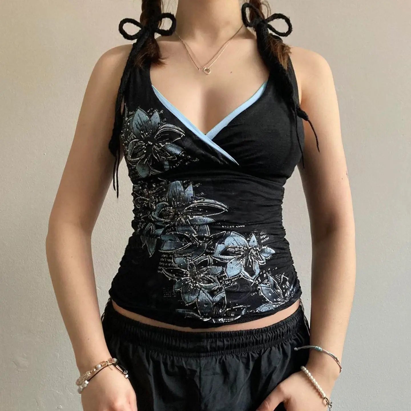 Black V-neck Printed Top