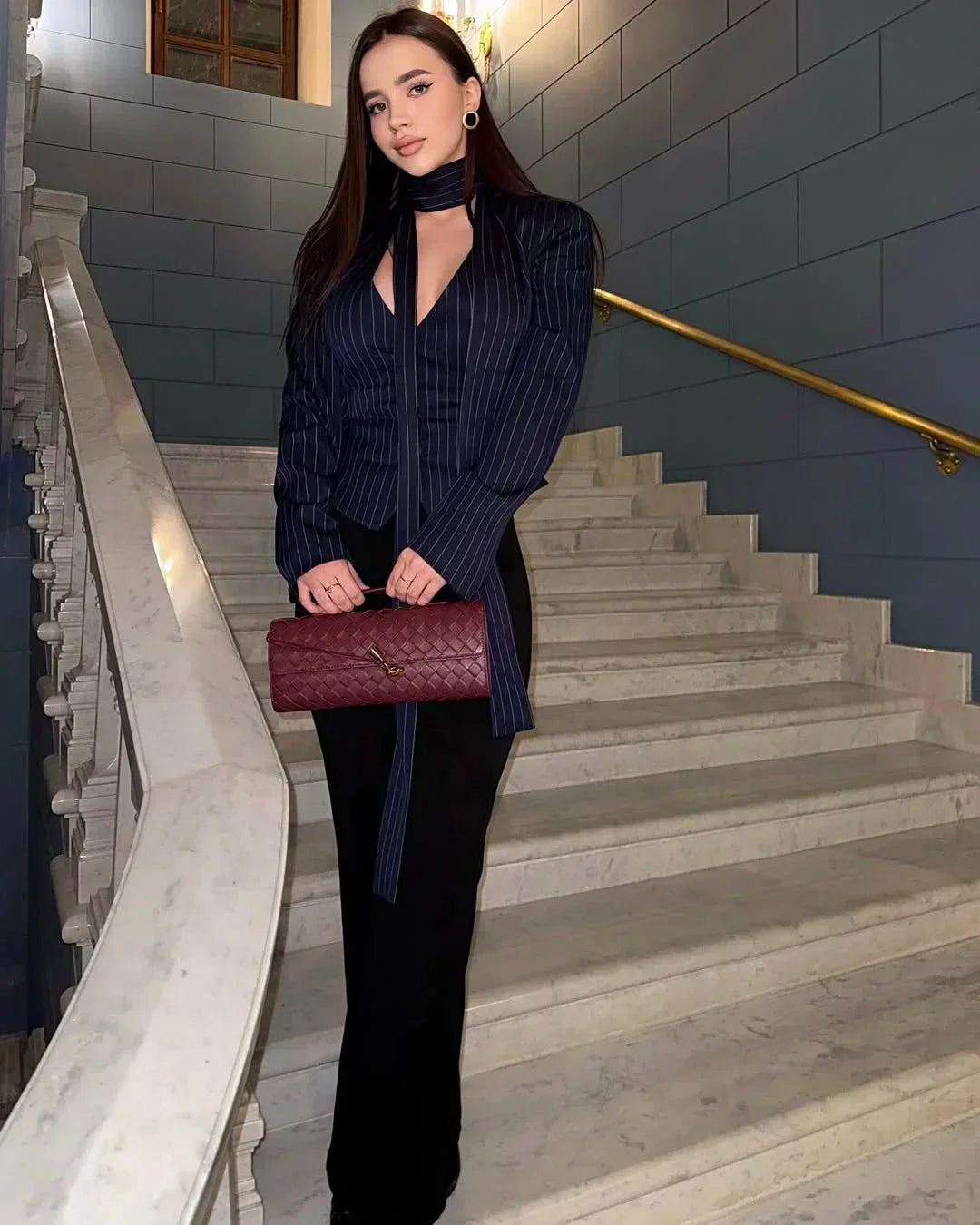 Stripe Tailored Coat With Scarf Top