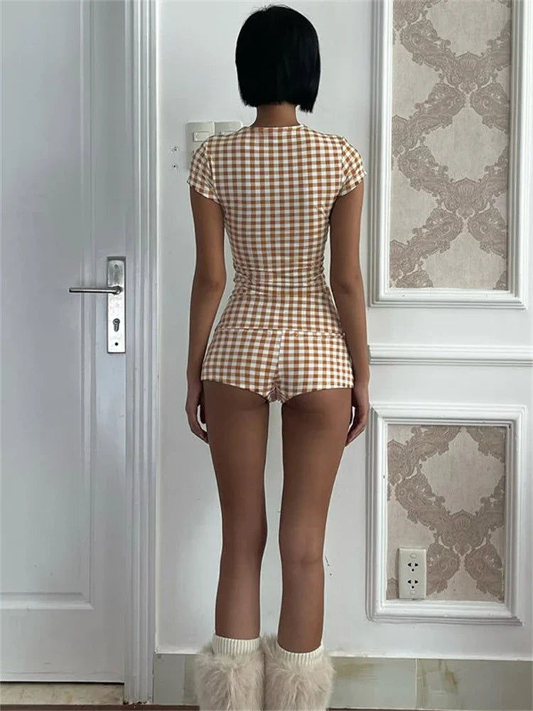Brown Plaid Short Sleeve Top And Shorts Set 