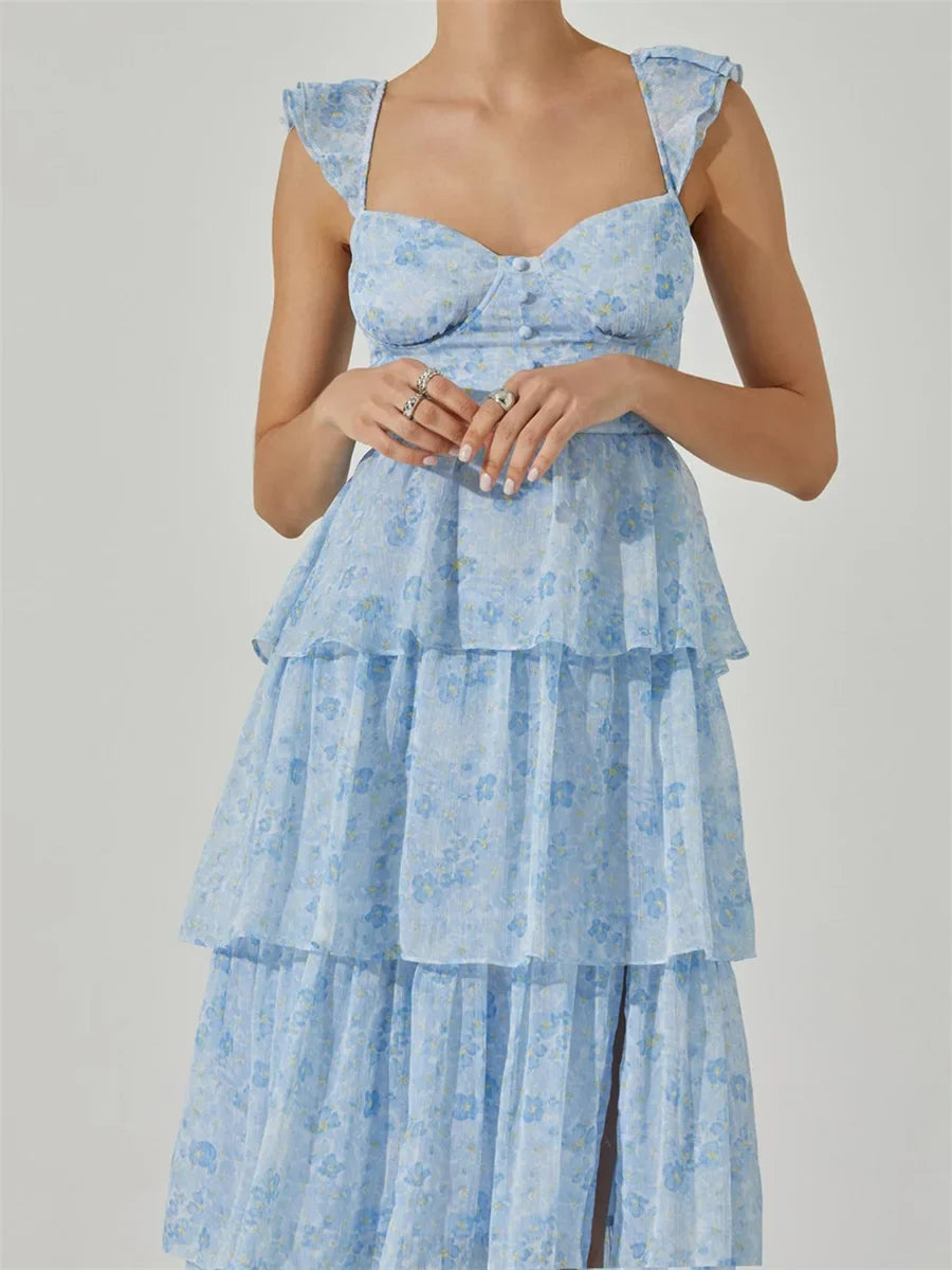 Floral Print Multi-Layered Tiered Ruffles Maxi Dress