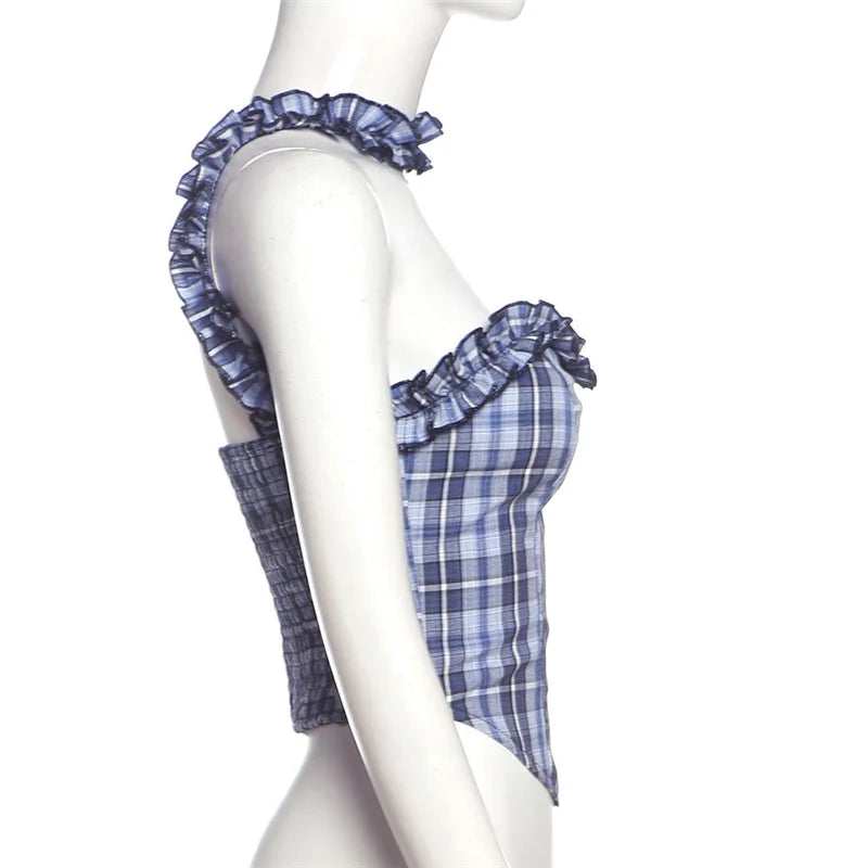 Blue Plaid Print Ruffled Edges Top
