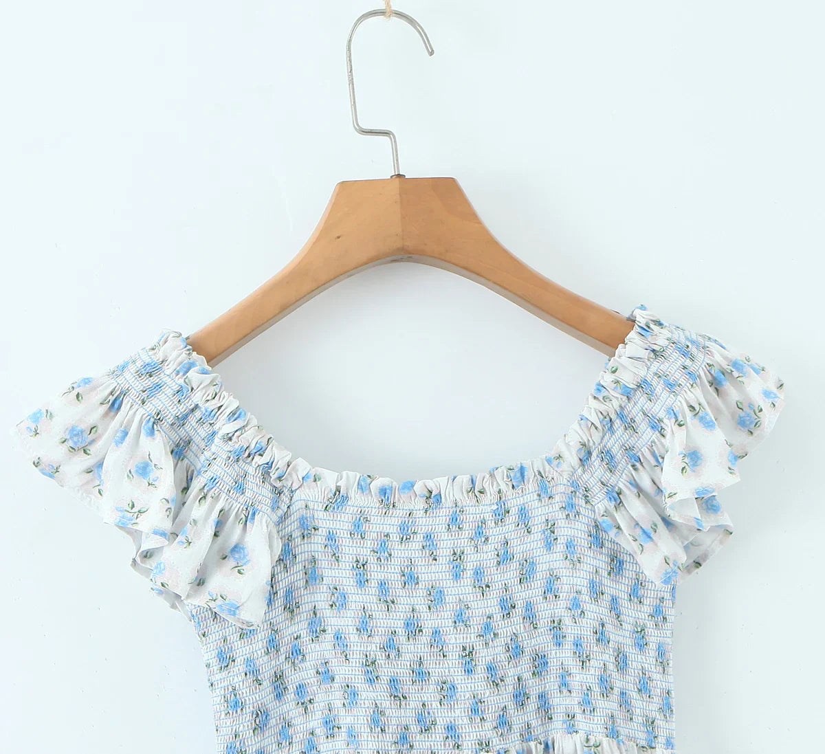 Blue Patchwork Printed Ruffle Strap Mini Dress