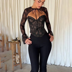 Black Long Sleeve Lace Tie Up Corset Top