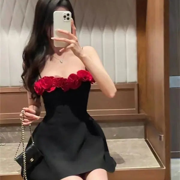 Black Cami 3D Red Flower Mini Dress