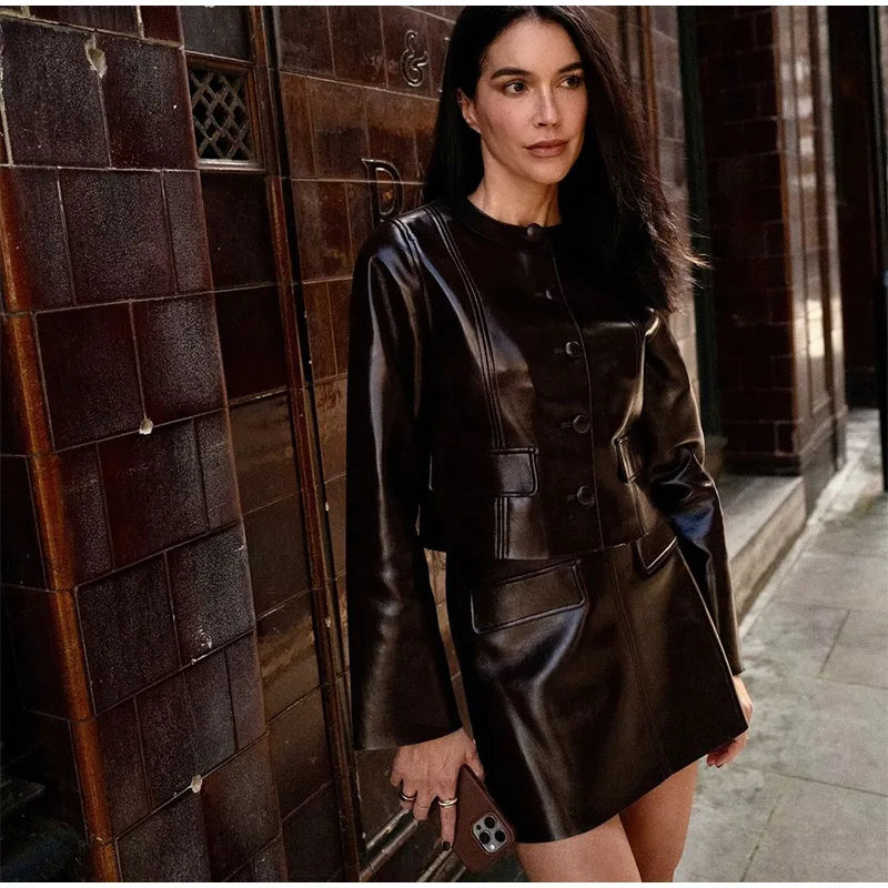 Burgundy Pu Leather Jacket And Mini Skirt