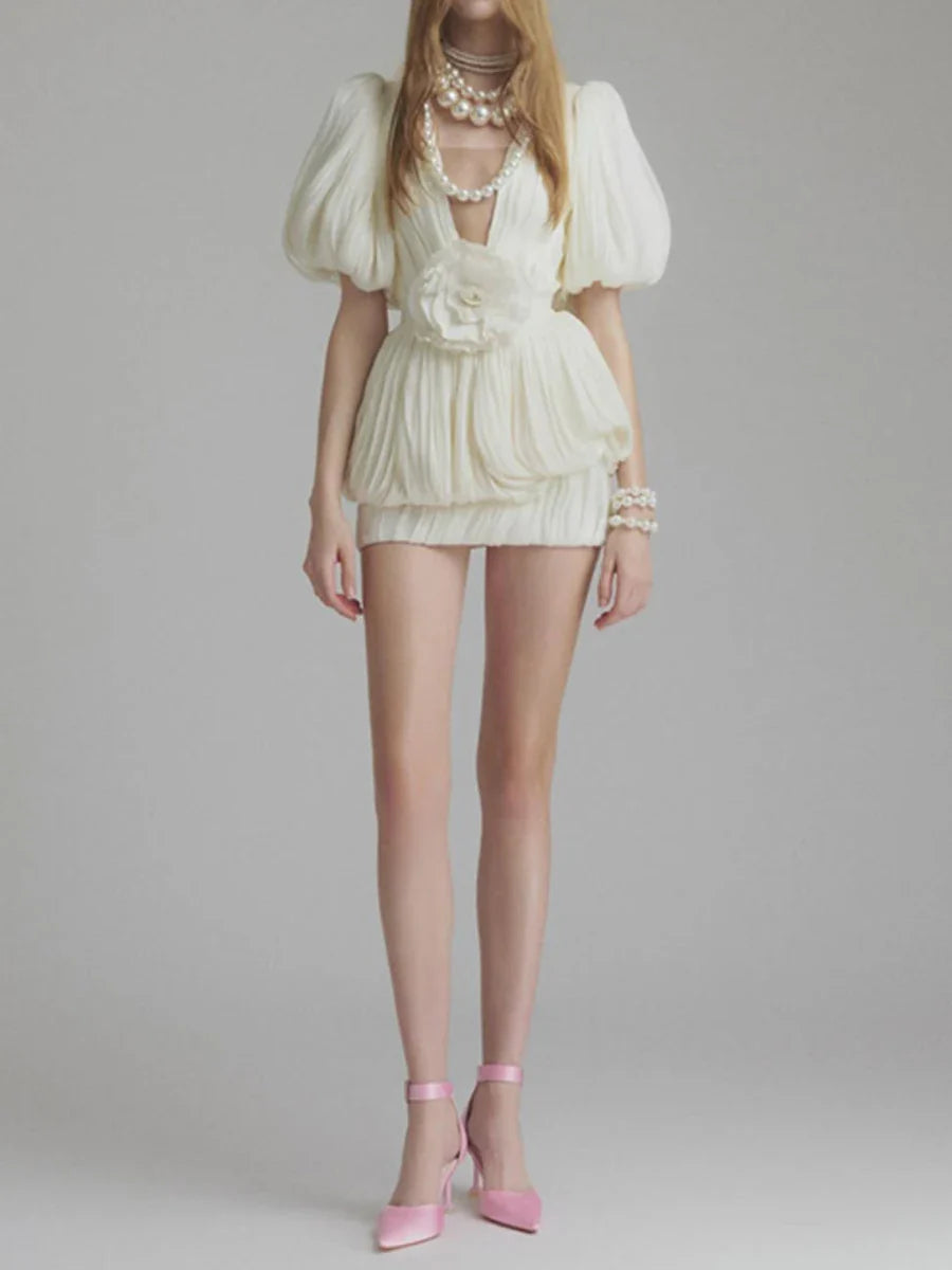 White Solid Spliced Appliqués Puff Mini Dress