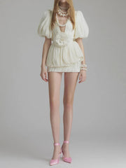 White Solid Spliced Appliqués Puff Mini Dress