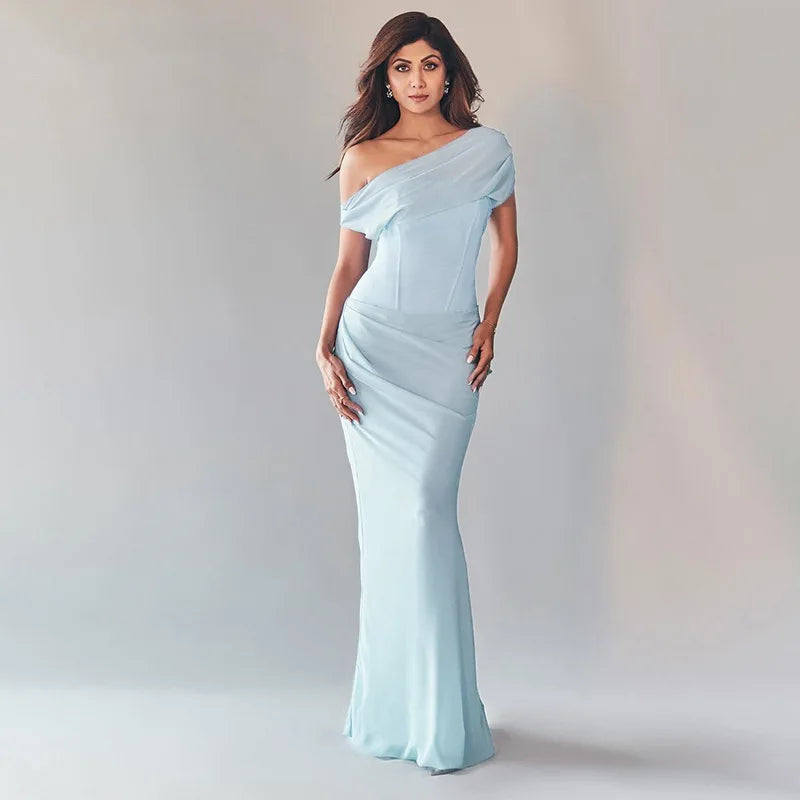 Blue Satin Corset Chiffon Off-shoulder Maxi Dress