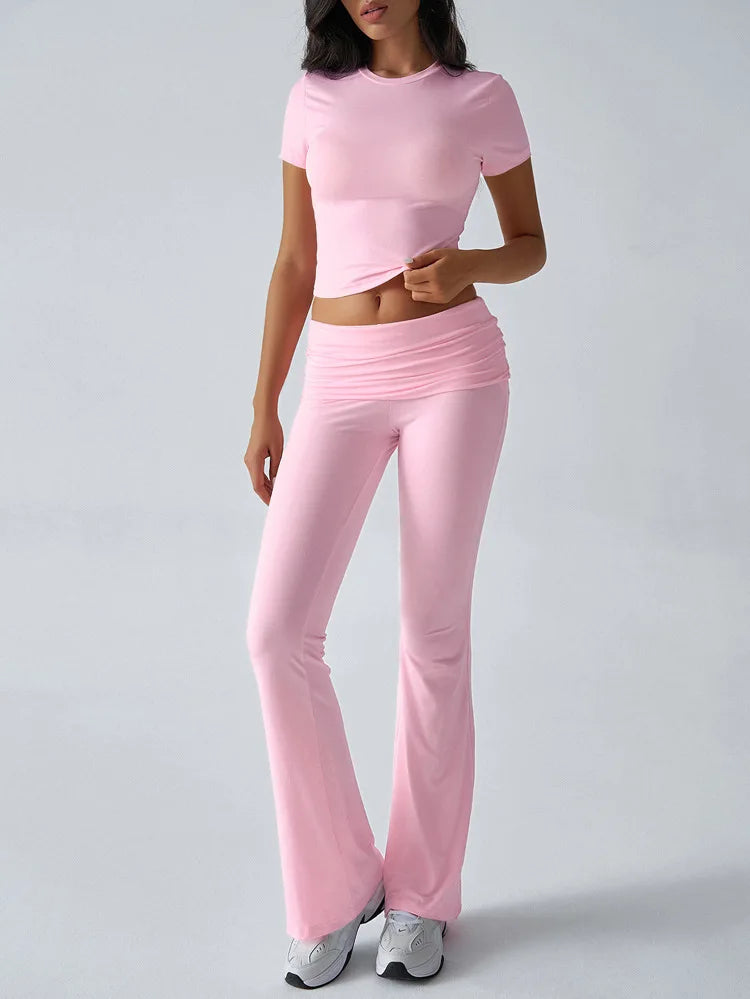 Slim Fit Two Piece Short Sleeve Top & Pant Set - Athleisure Workout Style