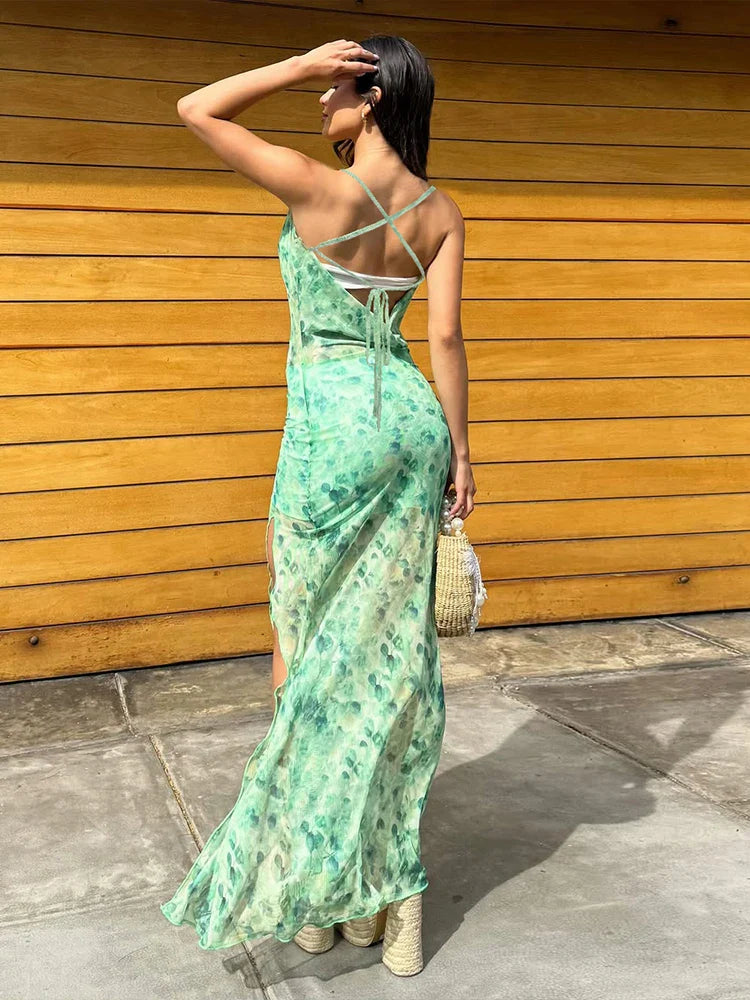 Floral Printed Mesh Bralette Maxi Dress