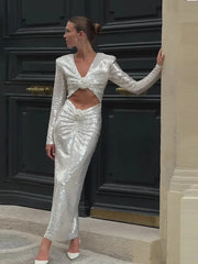 White Sequin Long Sleeve Flower Maxi Dress