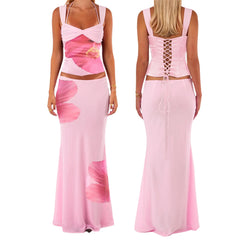 Floral Lace-up Corset Top & Mermaid Skirt Set - High Street Style