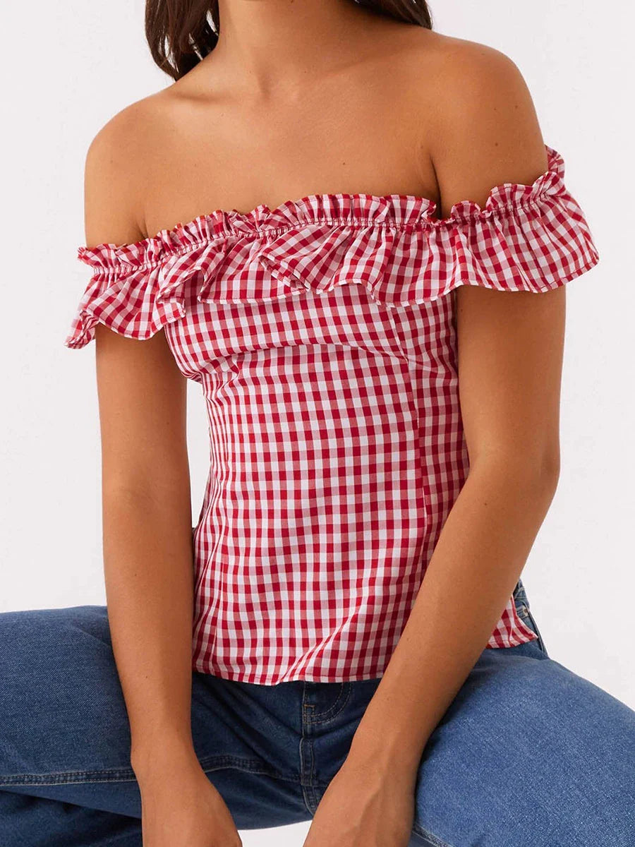 Red Plaid Off Shoulder Ruffles Top