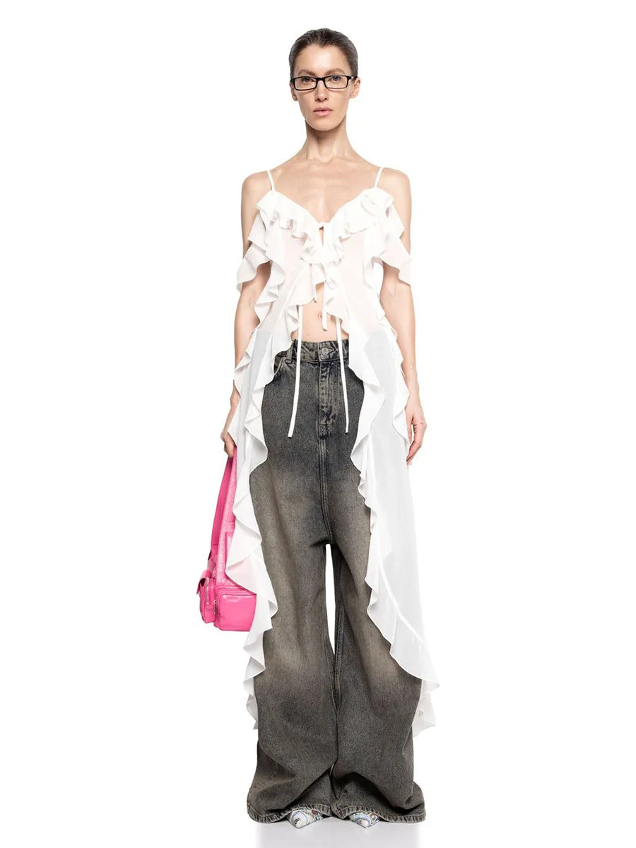 Ruffled Fringe Strap V-Neck Long Top