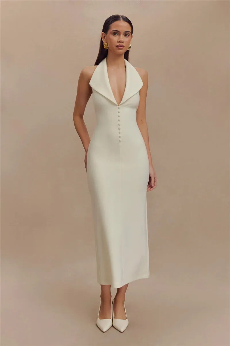 Deep Neck Large Collar Buttoned Halter Midi Dress