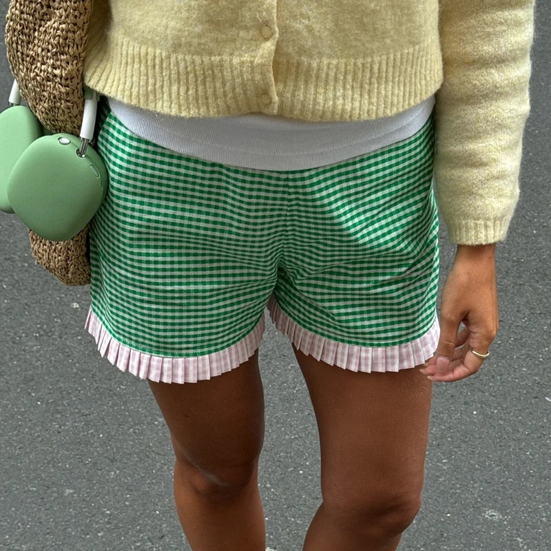 Charming Vintage Plaid Shorts - High Waist & Ruffled Hem