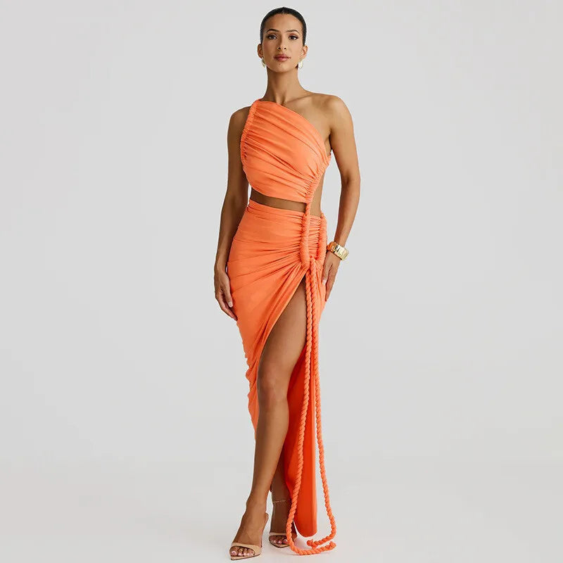 Cut Out Rope Design One Shoulder Slit Midi Dress