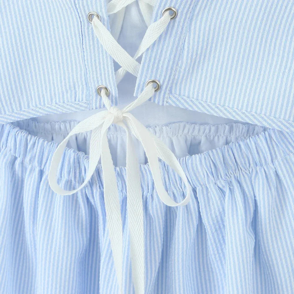 Blue Stripe Lace Trim Babydoll Mini Dress