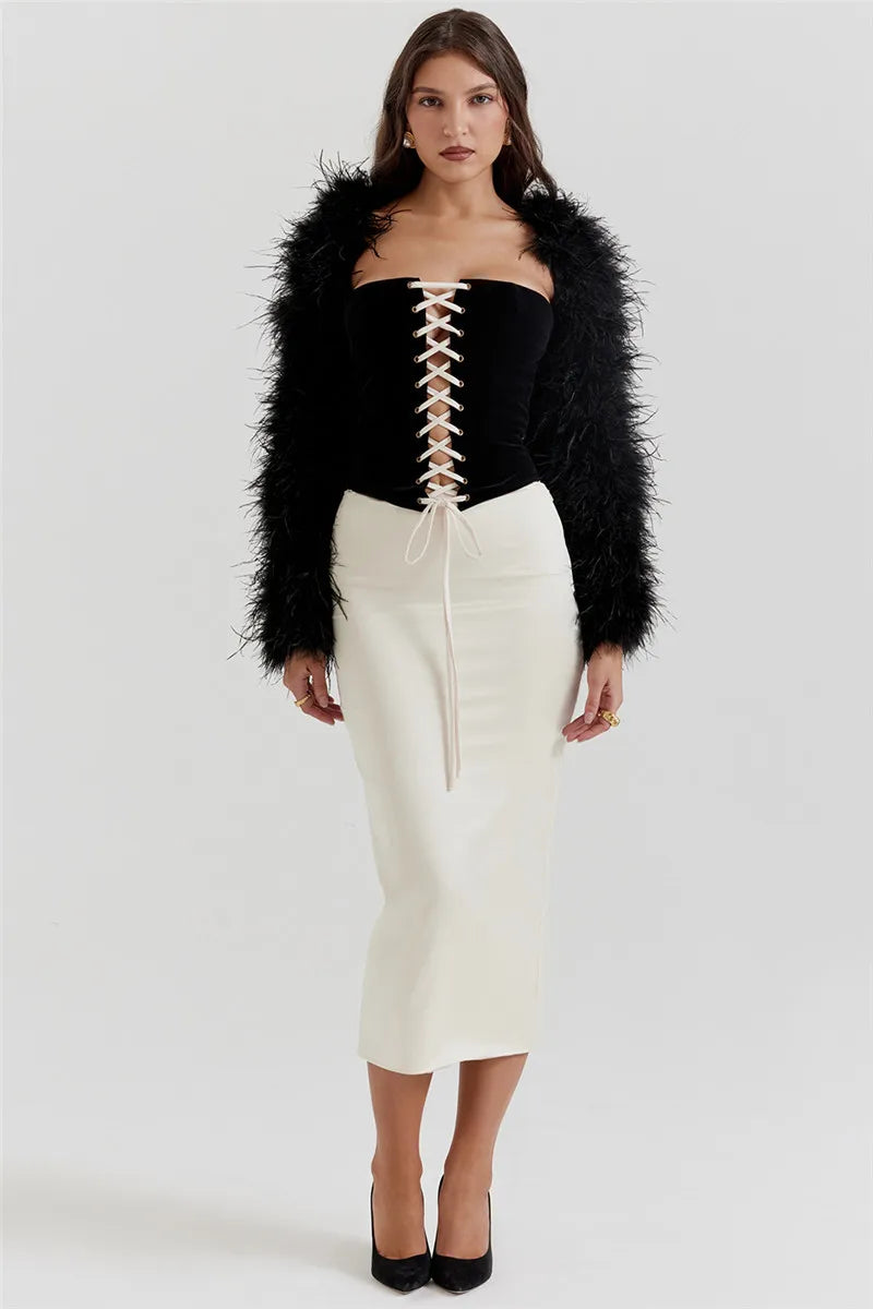 Black Lace Up Corset Top And White Satin Midi Skirt Set
