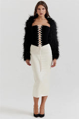 Black Lace Up Tube Top And White Satin Midi Skirt Set