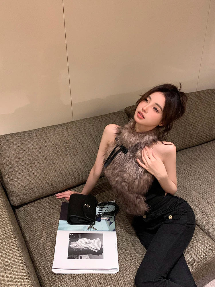 Faux Fur High Collar Sleeveless Camisole Tank Top