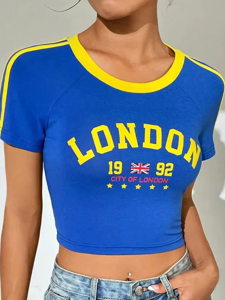 Blue London Letter Printed Crop Graphic T-shirt - Casual Regular Fit