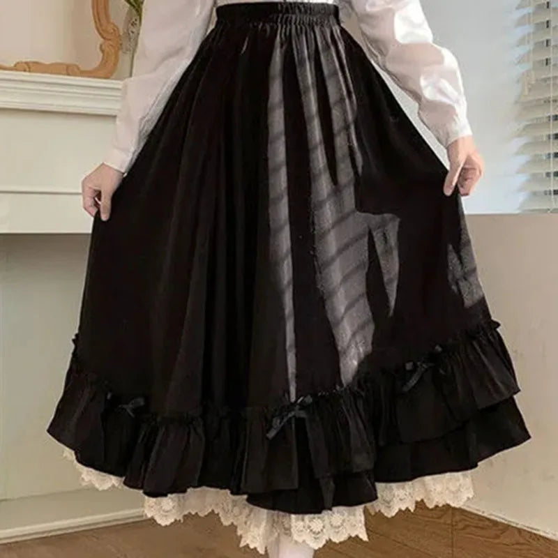 Ruffles Lace Trim Bow Maxi Skirt - Preppy A-Line