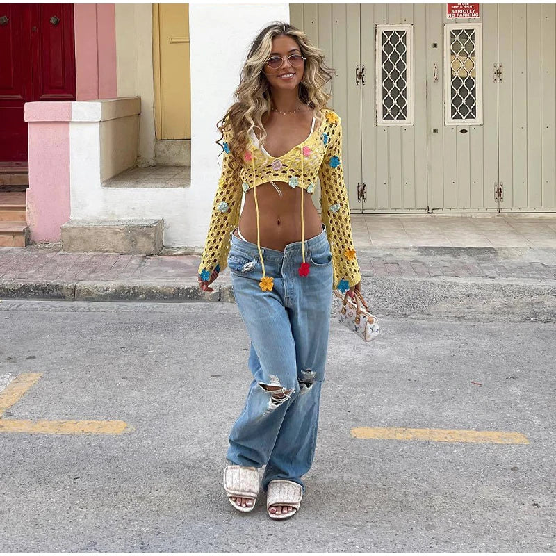 Long Sleeved Hook Wool Crop Blouse