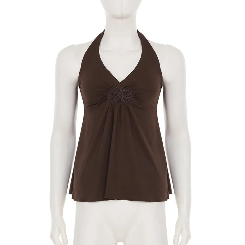 Brown Embroidered V Neck Halter Top