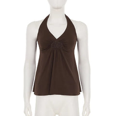 Brown Embroidered V Neck Halter Top