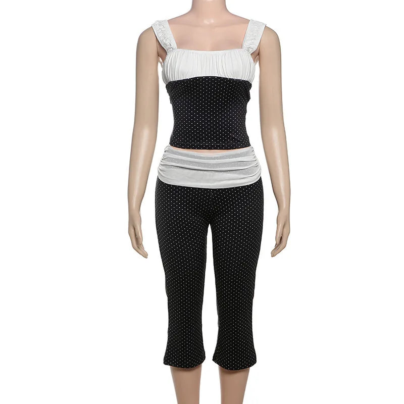 Black Polka Dot StrapTop And Capri Pants Two Piece Set