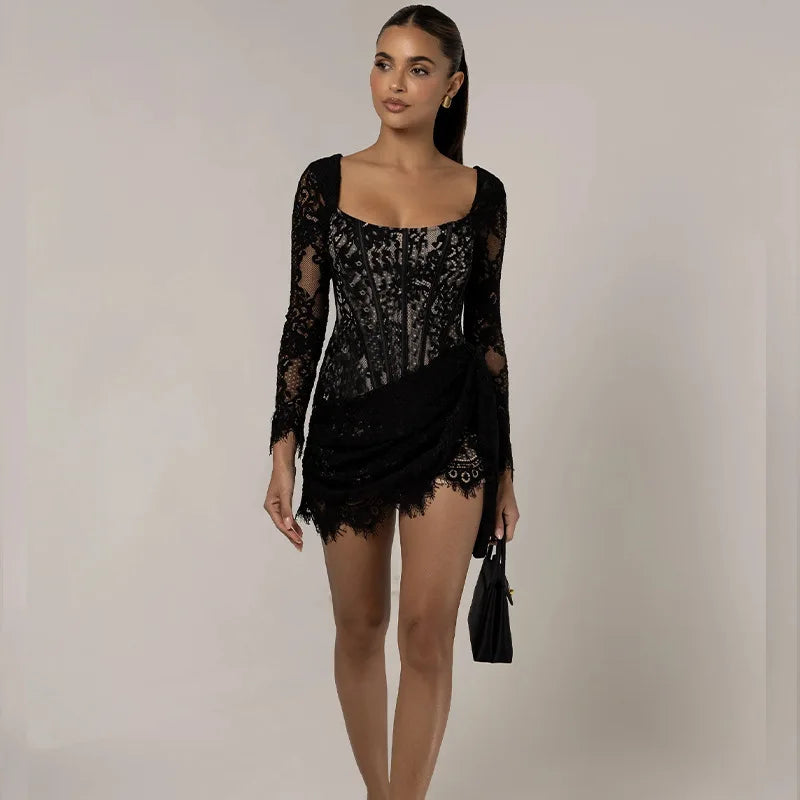 Black Long Sleeve Lace Bodycon Drape Mini Dress