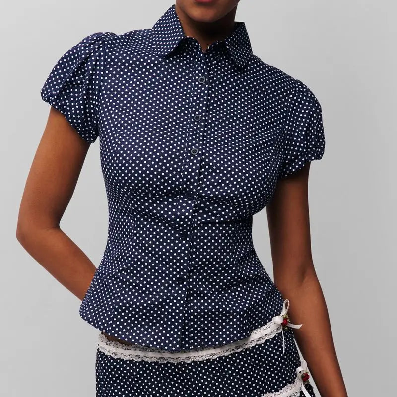 Button Down Lapel Top - Polka Dot Slim Fit
