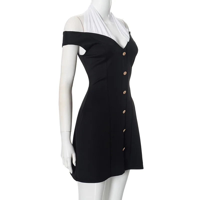 Black Off-Shoulder Contrast Halter Buttoned Mini Dress