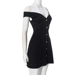 Black Off-Shoulder Contrast Halter Buttoned Mini Dress