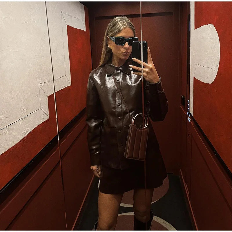 Burgundy Pu Leather Jacket And Mini Skirt