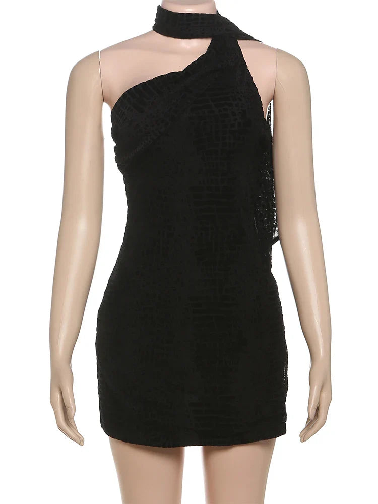 Black Halter Draped Mini Dress