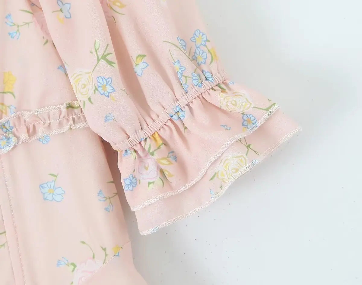 Floral Print Puff Ruffles Sleeve Midi Dress