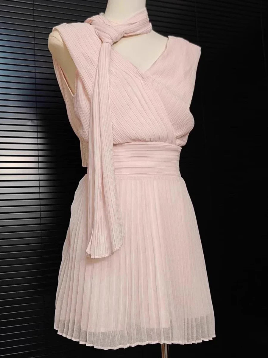 Pink Scarf V Neck Short Sleeve Pleated Wrap Mini Dress