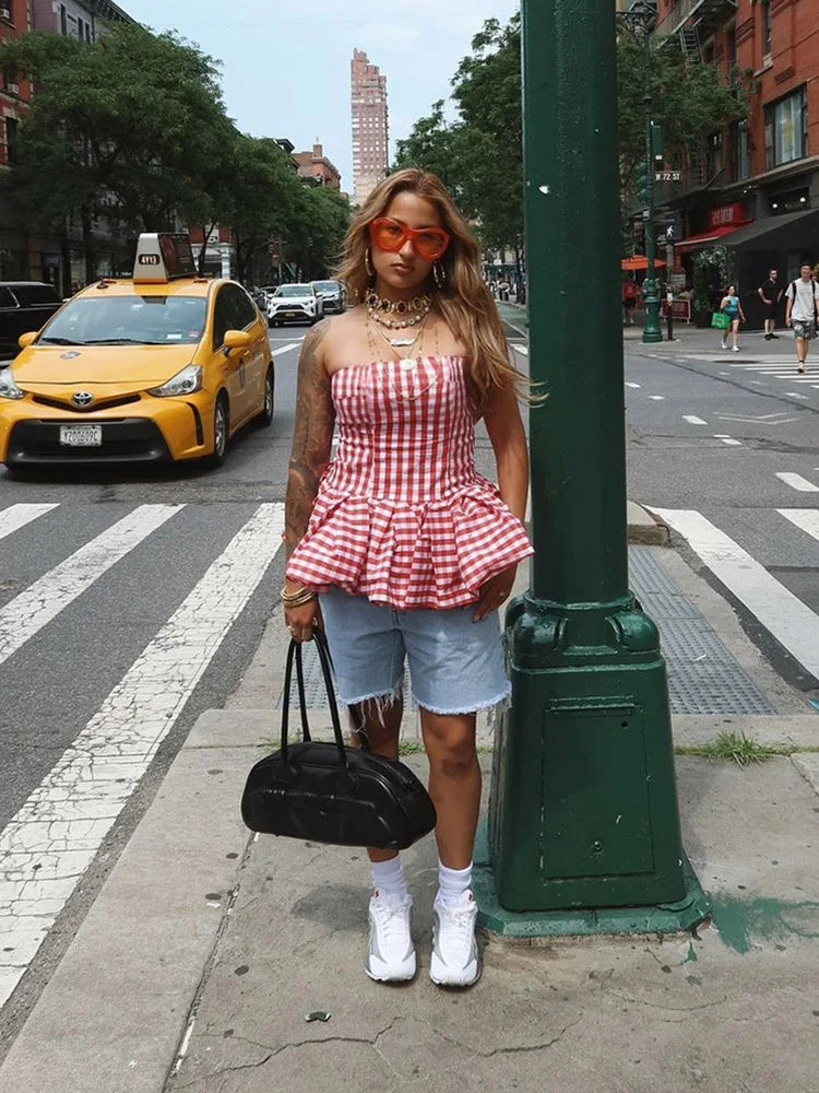 Red And White Checkered Print Strapless Top