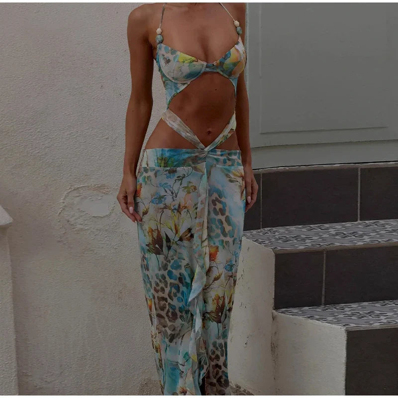 Blue Printed Cut Out Tie Up Maxi Dress â€?V-Neck Style