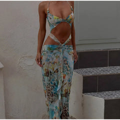 Blue Printed Cut Out Tie Up Maxi Dress â€?V-Neck Style