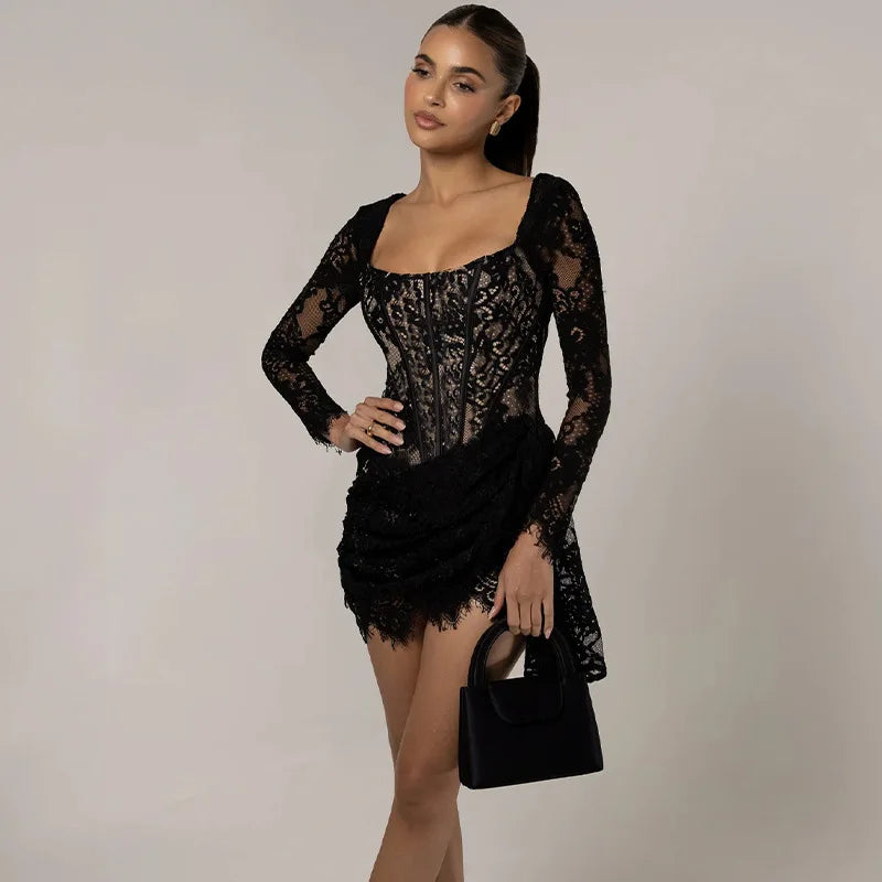 Black Long Sleeve Lace Bodycon Drape Mini Dress