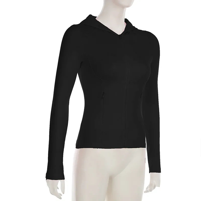 Solid Zipper Hoodie Sports Yoga Top